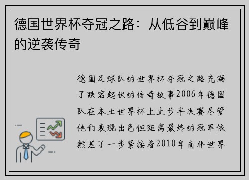 德国世界杯夺冠之路：从低谷到巅峰的逆袭传奇