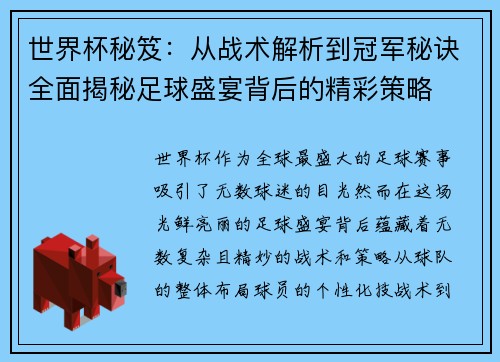 世界杯秘笈：从战术解析到冠军秘诀全面揭秘足球盛宴背后的精彩策略