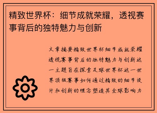 精致世界杯：细节成就荣耀，透视赛事背后的独特魅力与创新