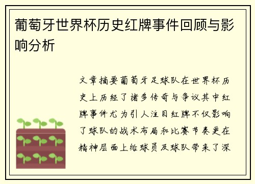 葡萄牙世界杯历史红牌事件回顾与影响分析